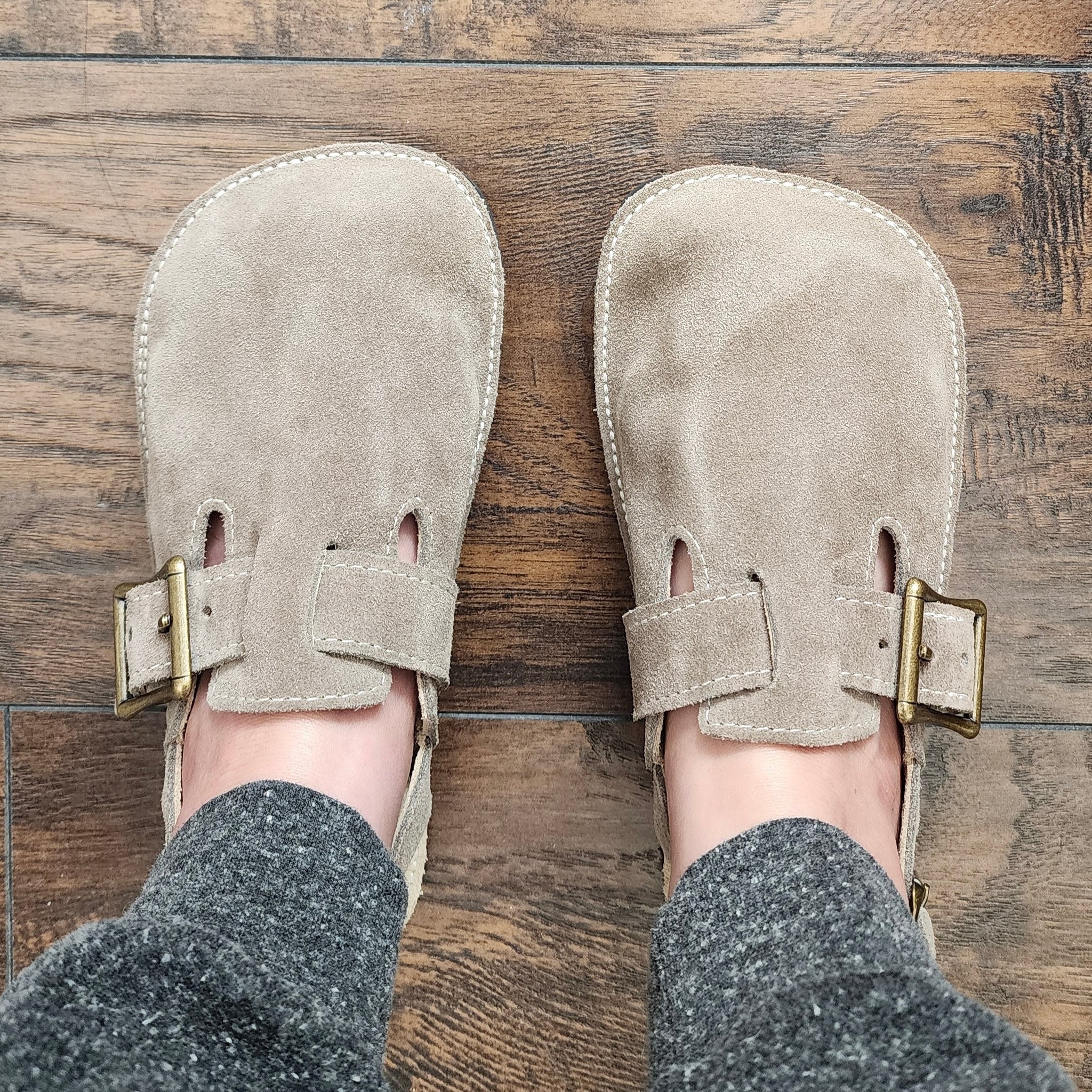 Women’s taupe suede clogs