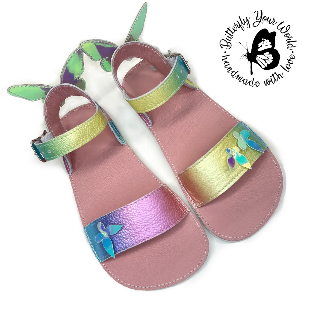 Women pastel rainbow sandals with butterflies