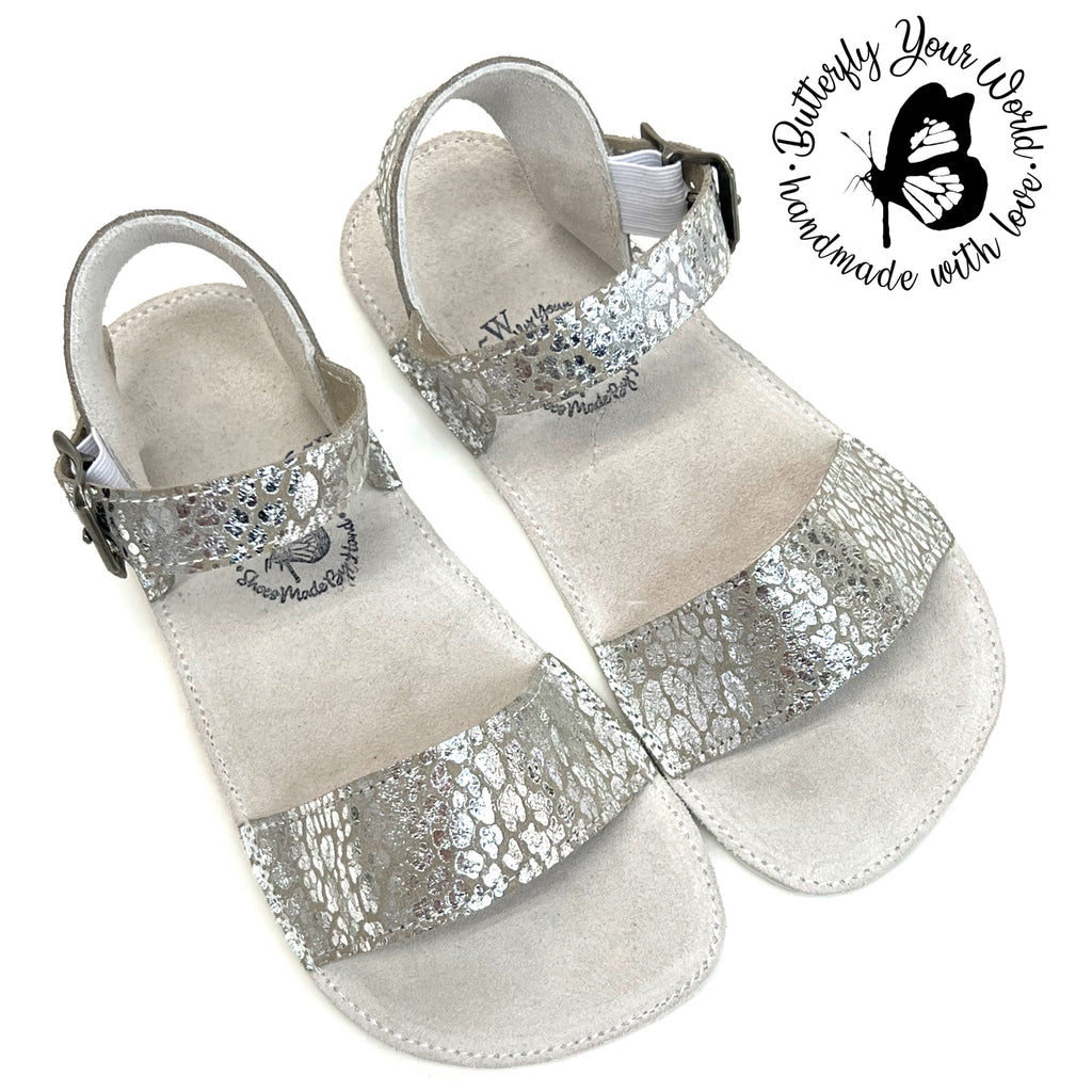 Women wide strap shimmery silver sandals