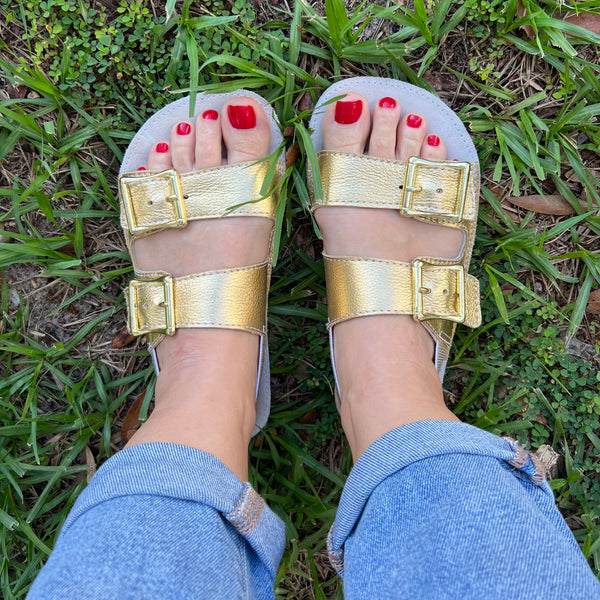 Sahara Gold Leather Buckle Sandals