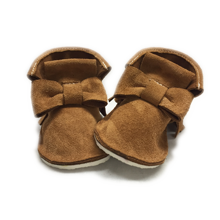 Nutmeg genuine suede kids high top bow moccasins, mini boots