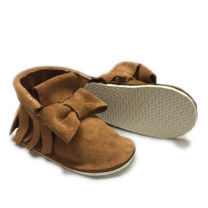 Nutmeg genuine suede kids high top bow moccasins, mini boots