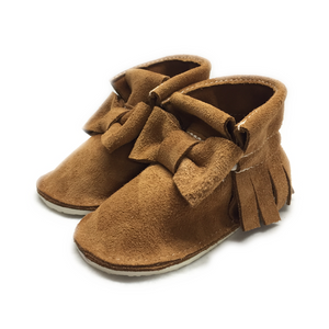 Nutmeg genuine suede kids high top bow moccasins, mini boots