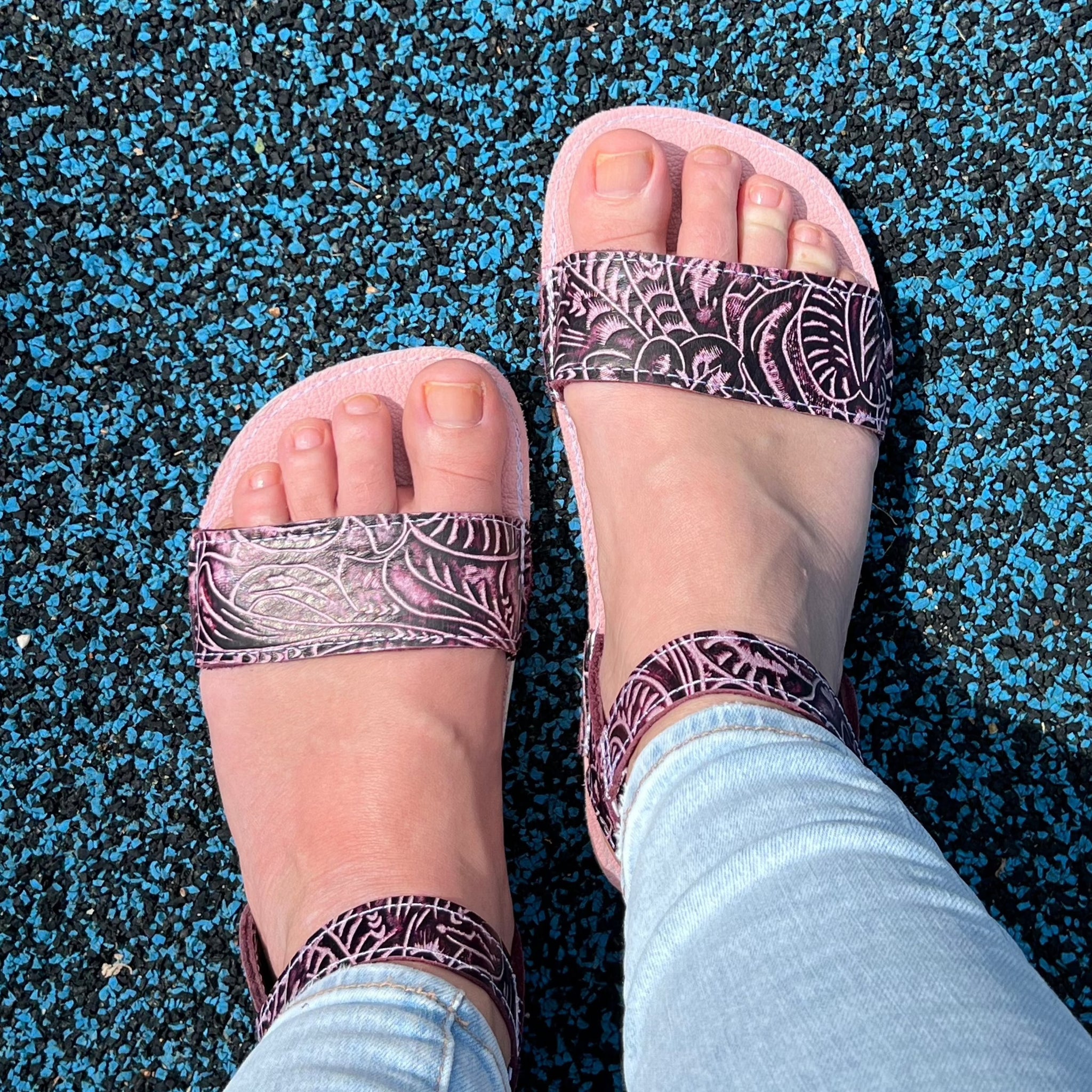 Women wide strap embossed purple sandals – Butterfly Your World