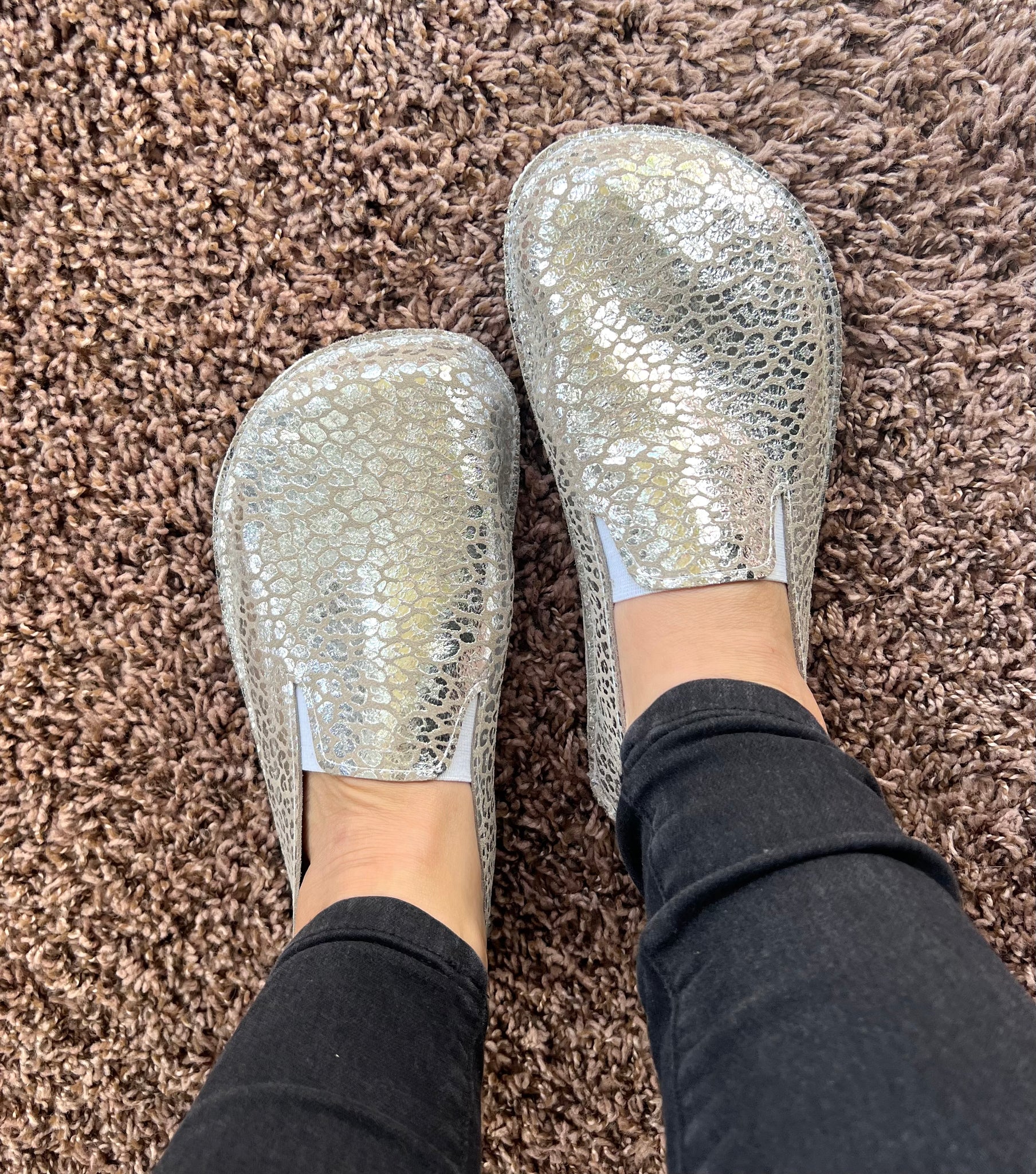 Women’s shimmery silver leather loafers