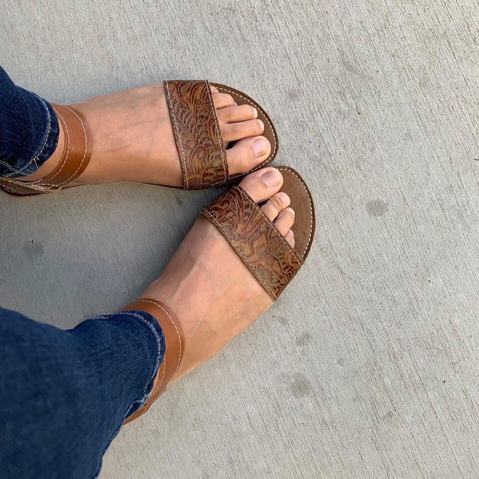 Women’s wide  strap nutmeg embossed sandals